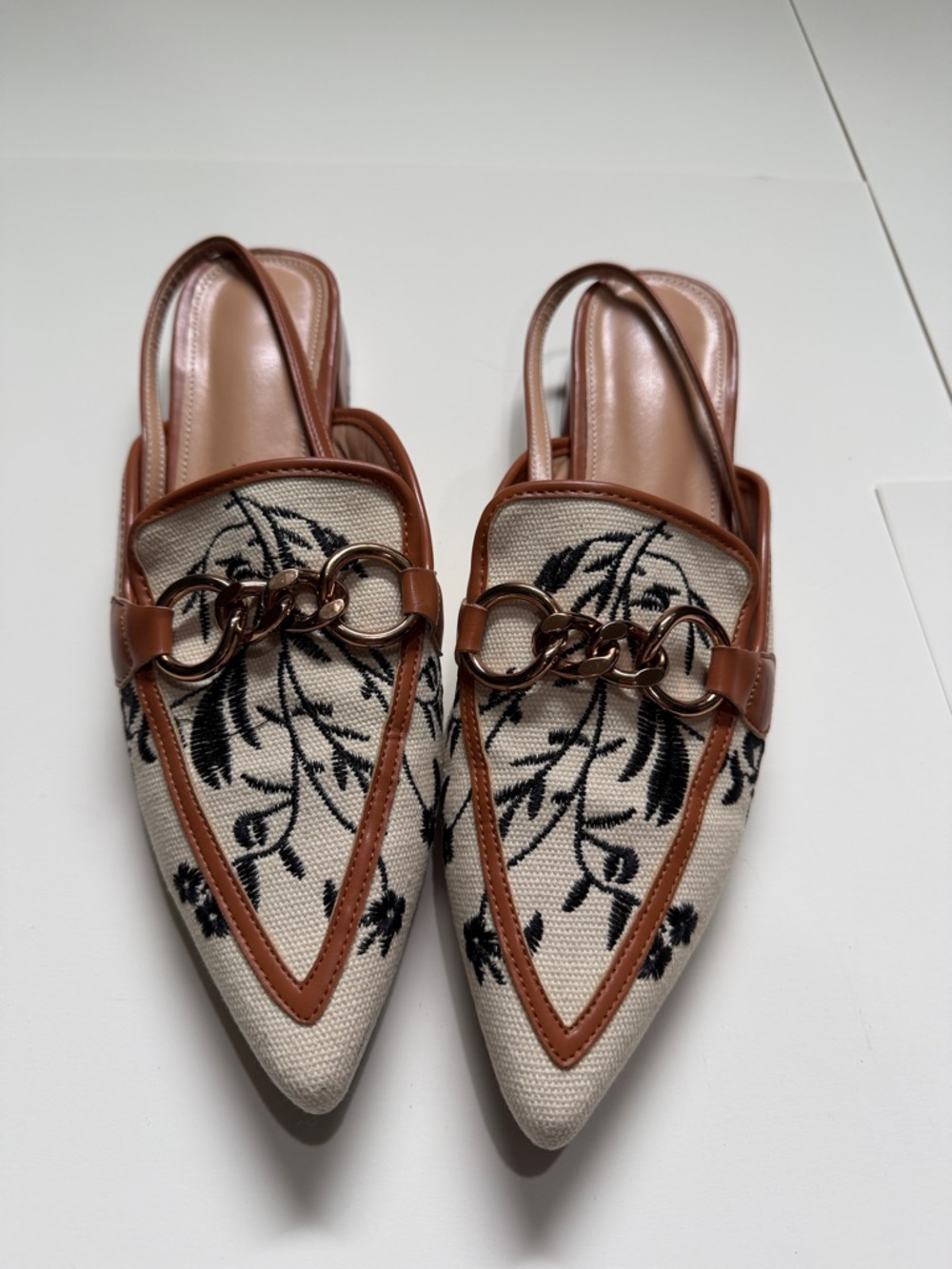 SHEIN Cream Embroidered Pointed Slingback Mules with Brown Trim